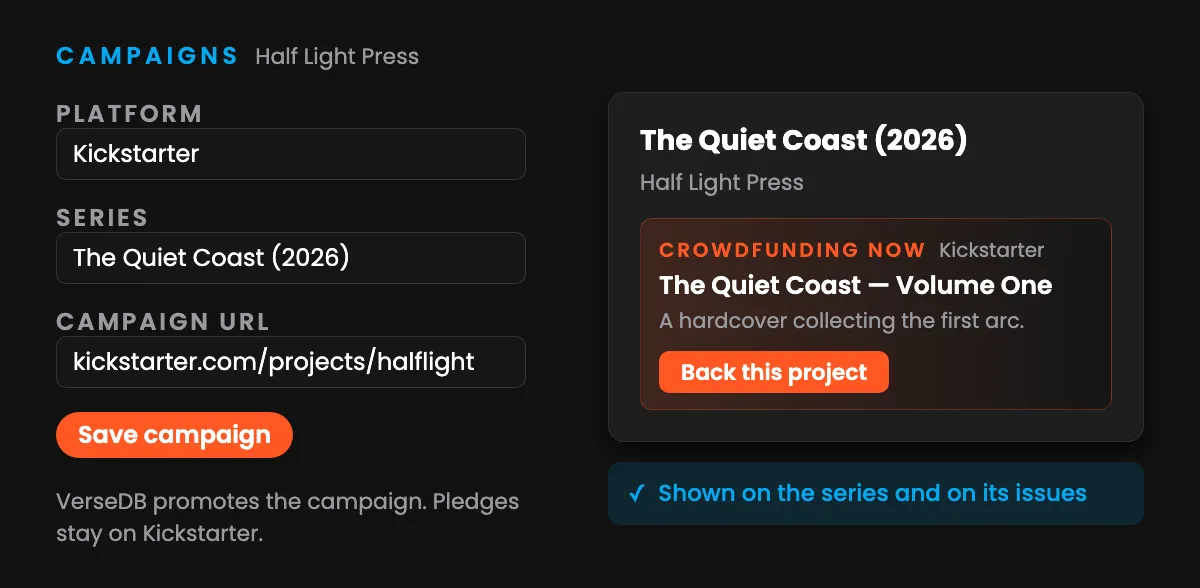 A crowdfunding campaign being saved in Studio and its banner arriving on the public series page with a Back this project link