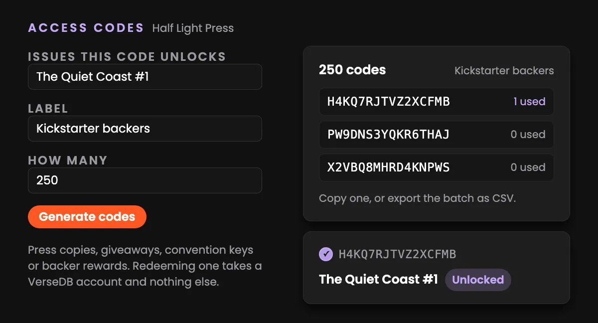A batch of access codes being generated in Studio, and one of them being redeemed to unlock the issue