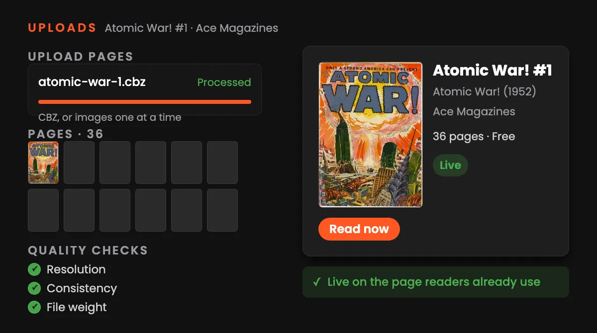 A CBZ uploading in Studio, its pages and quality checks filling in, and Atomic War! #1 going live with a Read now button on its public issue page